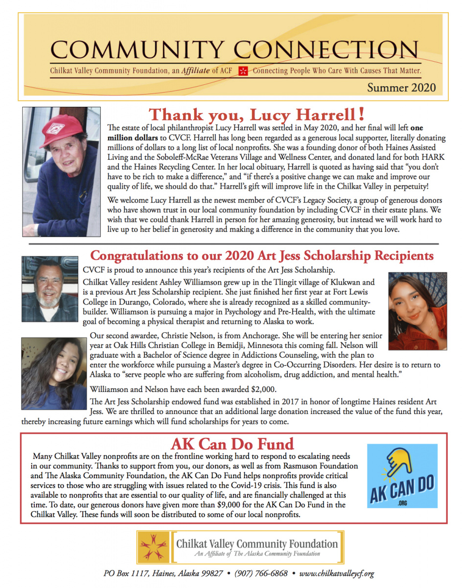 Imagine of page 1 of the CVCF 2020 summer newsletter, with photo of the late Haines philanthropist Lucy Harrell, and this year's recipients of the Art Jess Scholarship. Click on the image for a link to the PDF version of the newsletter
